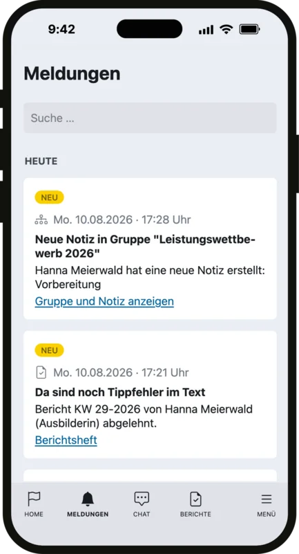 Das digitale Berichtsheft verfügt über ein Benachrichtigungssystem mit Conditional-Notifications
