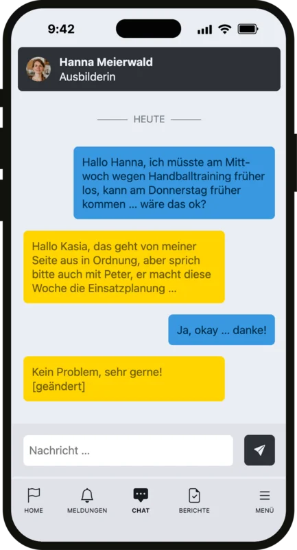 Chat zwischen Azubi und Ausbilderin in der Zubido-App zur Abstimmung im Ausbildungsalltag