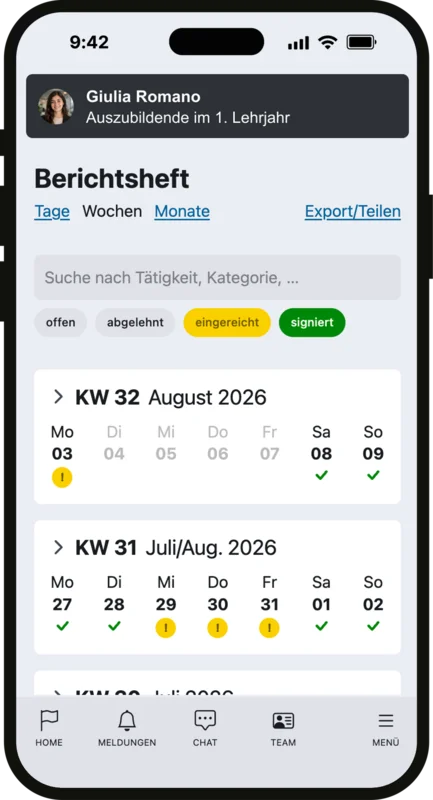 Berichtsheft-Übersicht in Zubido mit Kalenderwochen und Status der Ausbildungsnachweise
