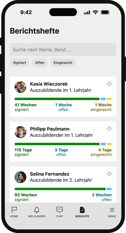 Startseite (Dashboard), Digitaler-Ausbildungsnachweis / Berichtsheft-App für Ausbilderinnen und Ausbilder mit Azubi-Status-Card und Benachrichtigung