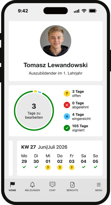 Berichtsheft-App (digitales Berichtsheft) für Azubis mit Status-Dashboard, Benachrichtigung und Wochen-Widget-Card 