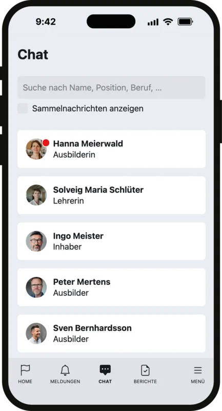 Chat-Übersicht in der Zubido-App mit Ausbildenden, Lehrkraft und Betriebsinhaber