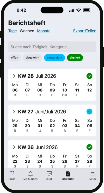 Die Berichtsheft-App bietet smarte Kalender, Filter und Ansichten 